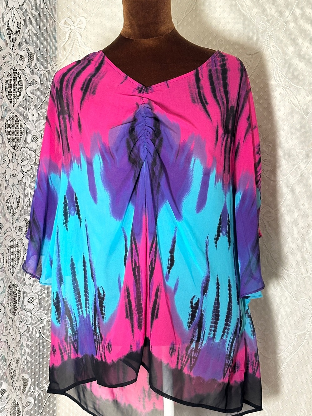 Nicole Miller Sheer V-Neck Tie-Dye Tunic in Hot Pink, Turquoise & Purple